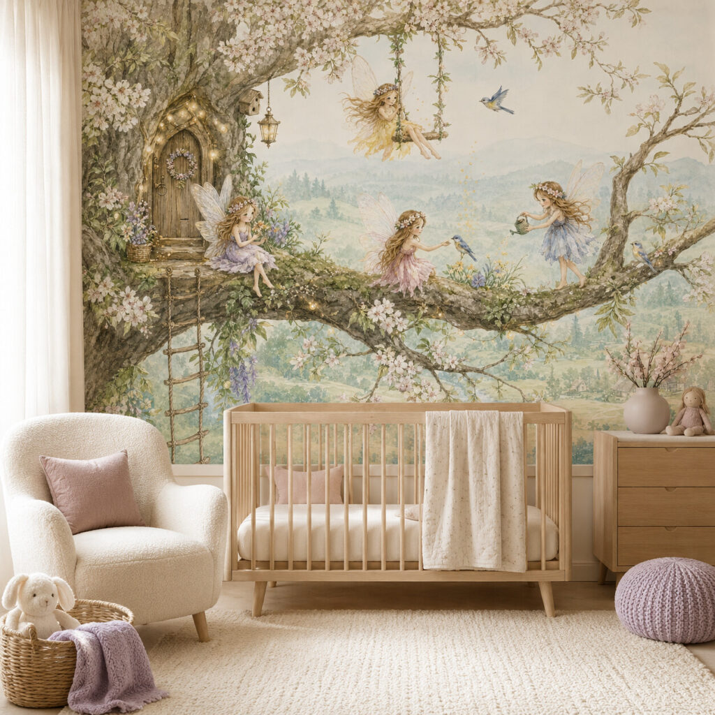 Enchanted Blossom Fairy Tree Wallpaper Mural for Girls Room – Magical Woodland FZL159