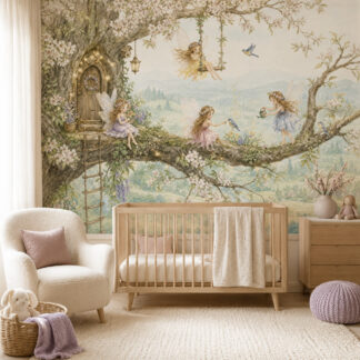 Enchanted Blossom Fairy Tree Wallpaper Mural for Girls Room – Magical Woodland FZL159