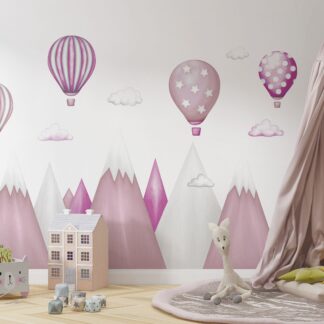 Kids Wall Sticker Mountains Hot Air Balloons Clouds Wall Sticker Children's Room Decoration Wall Art Pink