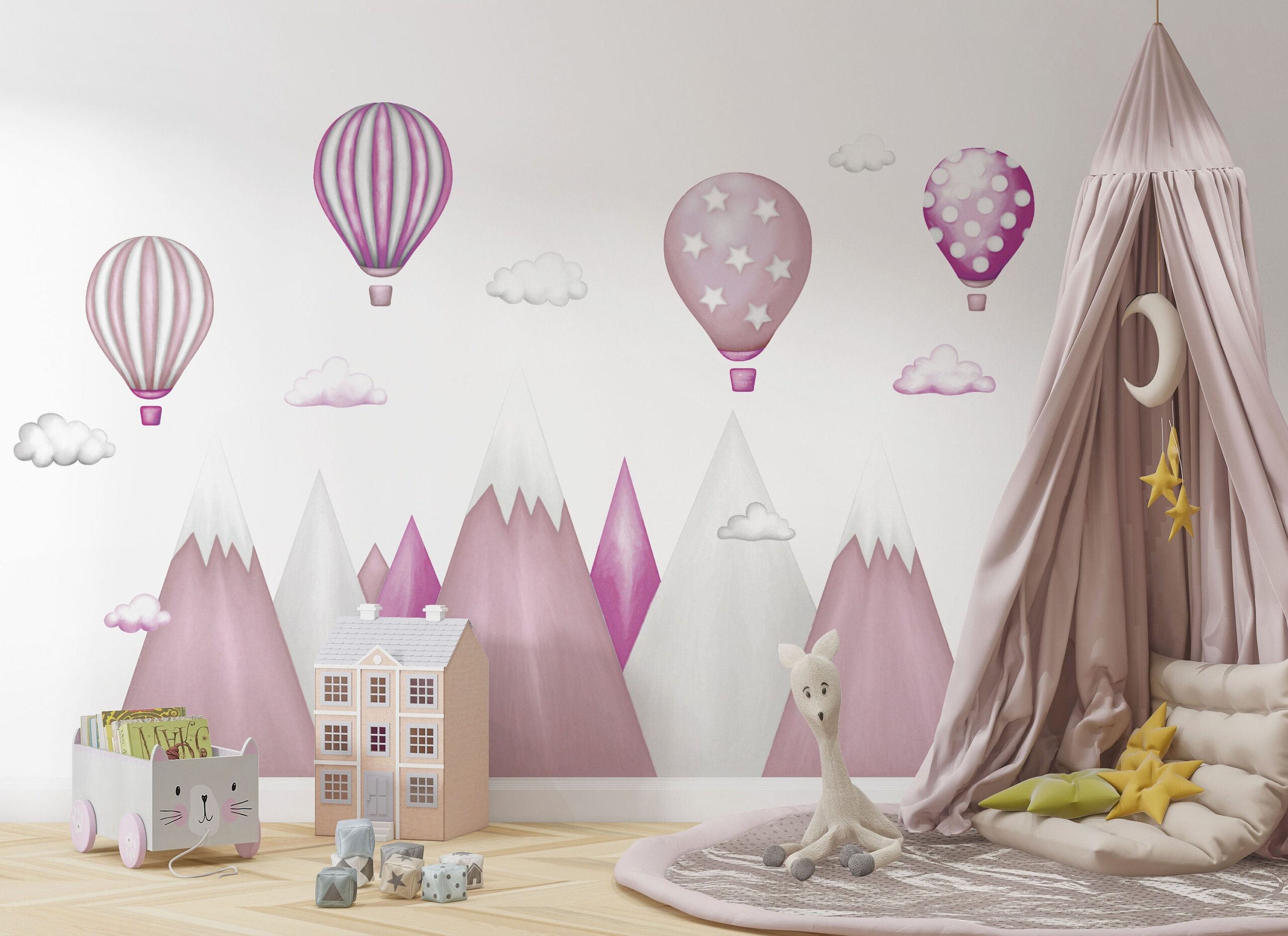 Kids Wall Sticker Mountains Hot Air Balloons Clouds Wall Sticker Children's Room Decoration Wall Art Pink