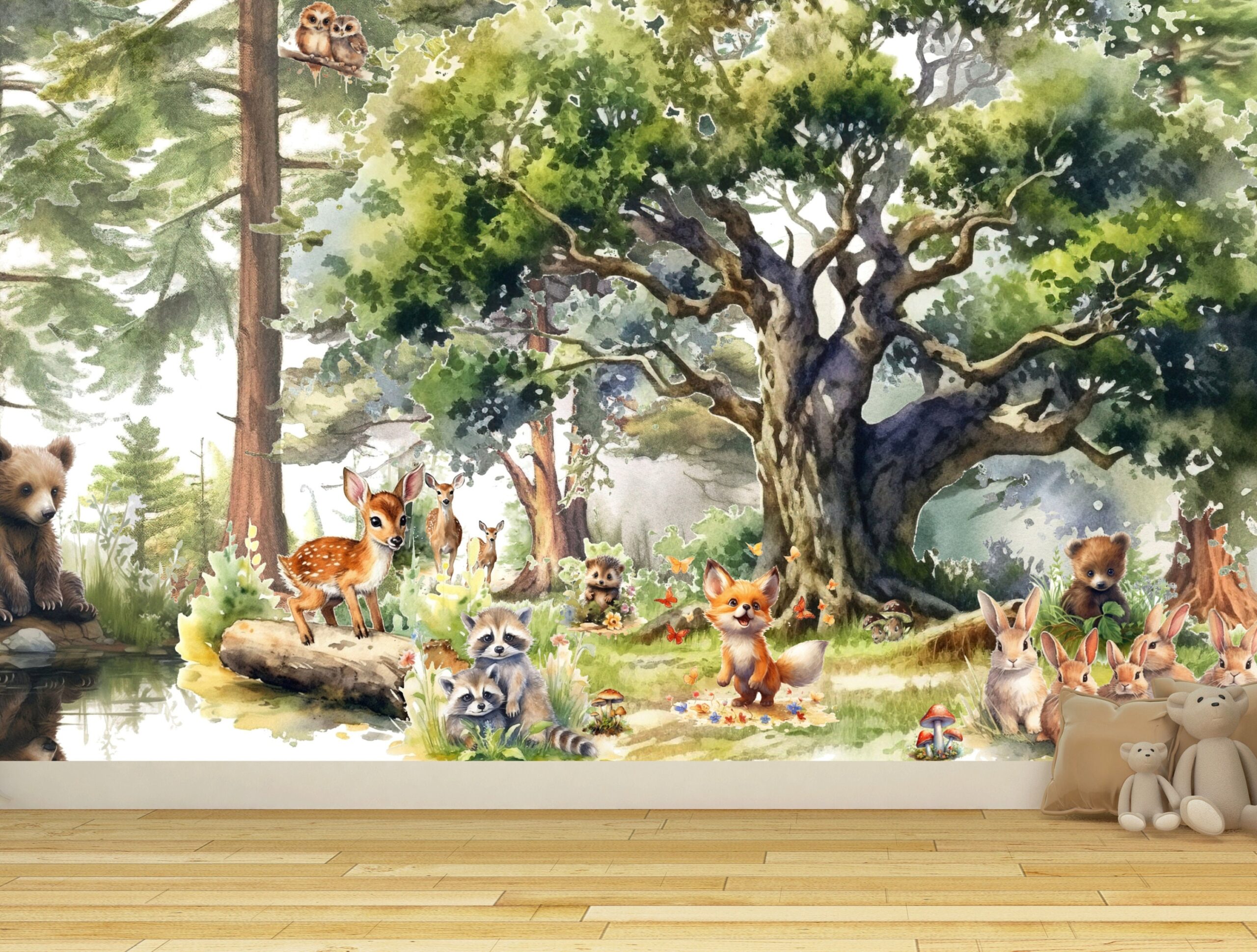 Wallpaper animals Trees, Peel and Stick, Kids Wall Mural Self Adhesive, Nursery Mountain Decor Forest DecalWall Child Room Forest Wallpaper