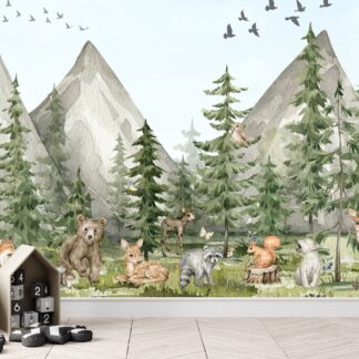 Watercolor Woodland Animals Wallpaper, Mountain Pine Tree Nursery Mural, Peel and Stick