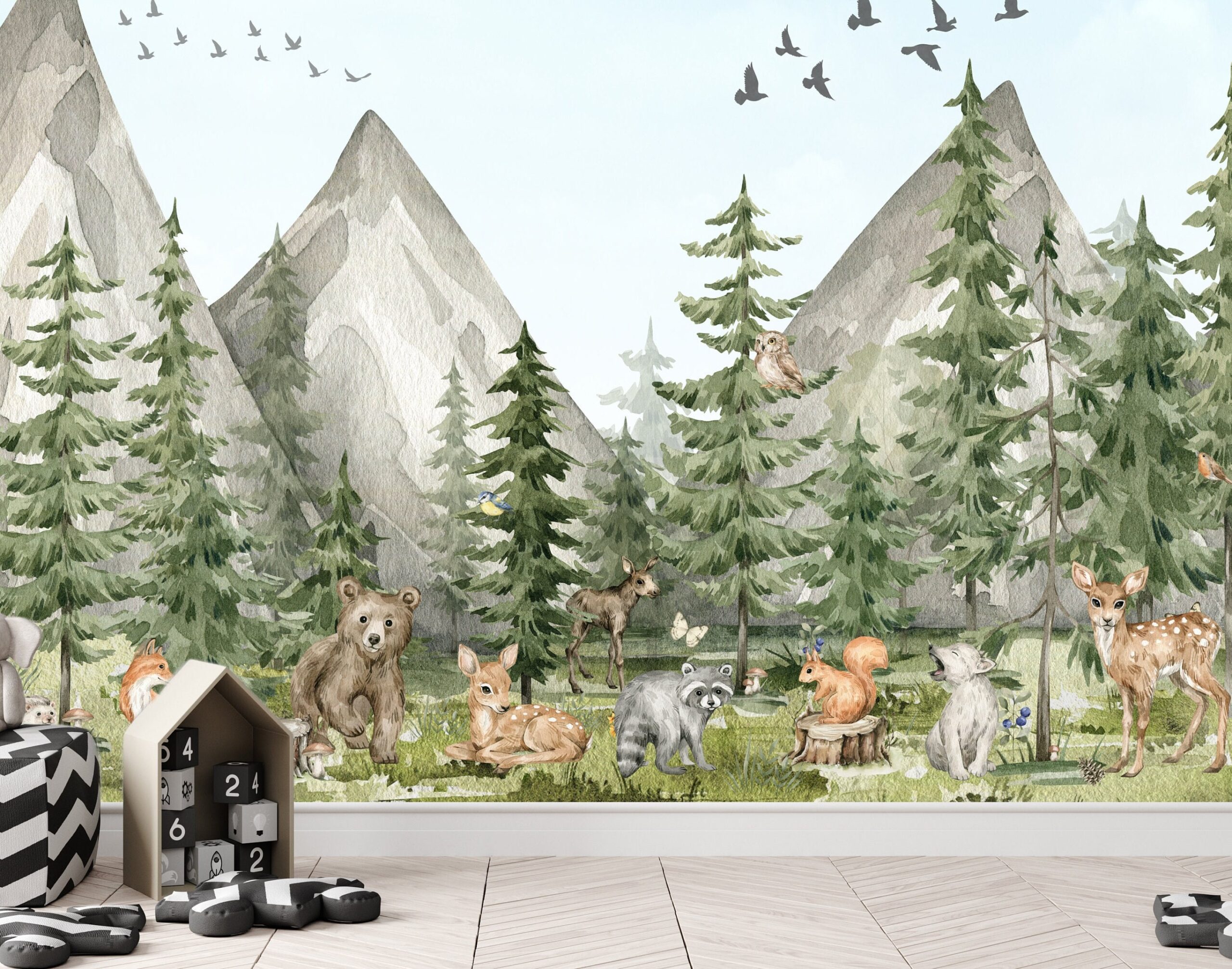 Watercolor Woodland Animals Wallpaper, Mountain Pine Tree Nursery Mural, Peel and Stick