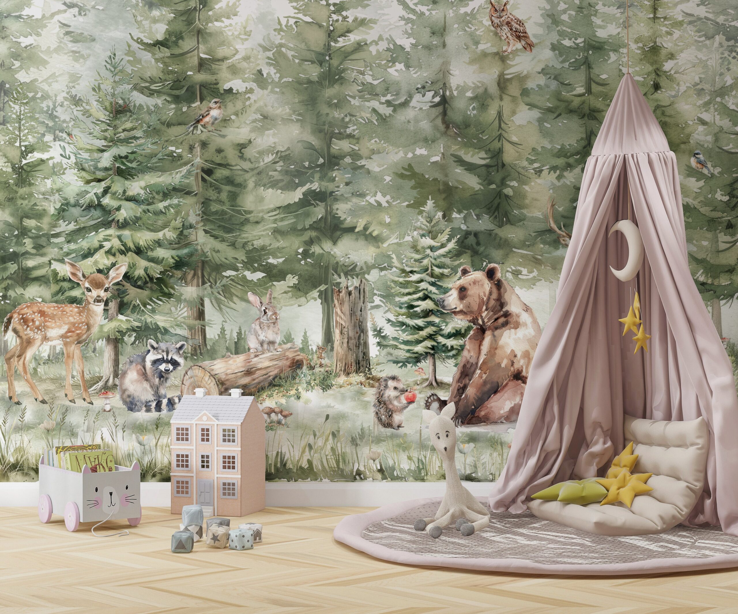 Wallpaper animals Woodland Trees, Peel and Stick, Kids Wall Mural Self Adhesive, Nursery Mountain Decor Forest DecalWall Forest Wallpaper