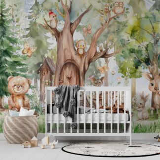 Forest Animals Nursery Wallpaper Woodland Wall Art Watercolor Trees Wild Animals Peel and Stick Kids Room Decor custom-made wallpaper