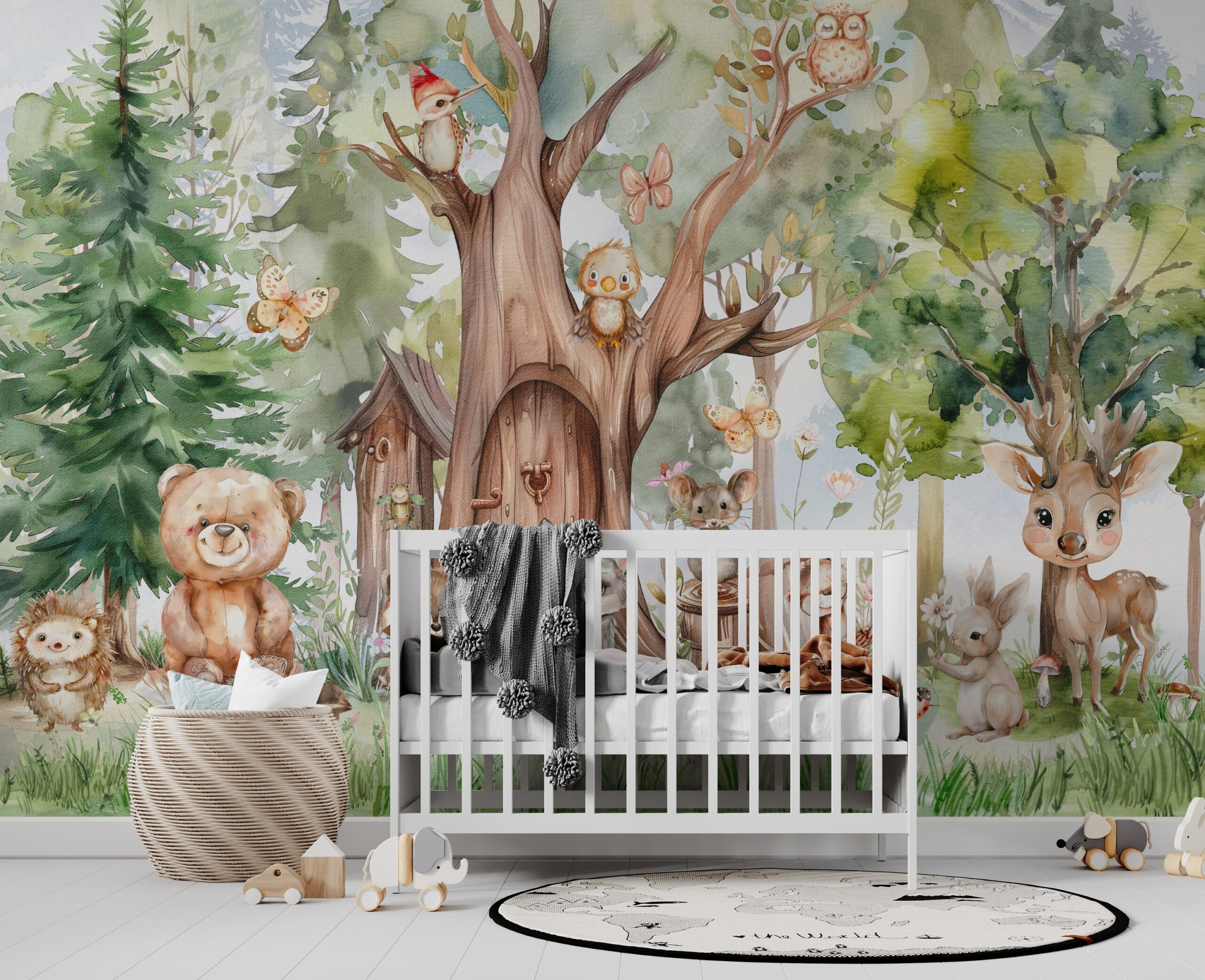 Forest Animals Nursery Wallpaper Woodland Wall Art Watercolor Trees Wild Animals Peel and Stick Kids Room Decor custom-made wallpaper