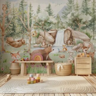 Forest Animals Nursery Wallpaper Woodland Wall Art Watercolor Trees Wild Animals Peel and Stick Kids Room Decor custom-made wallpaper