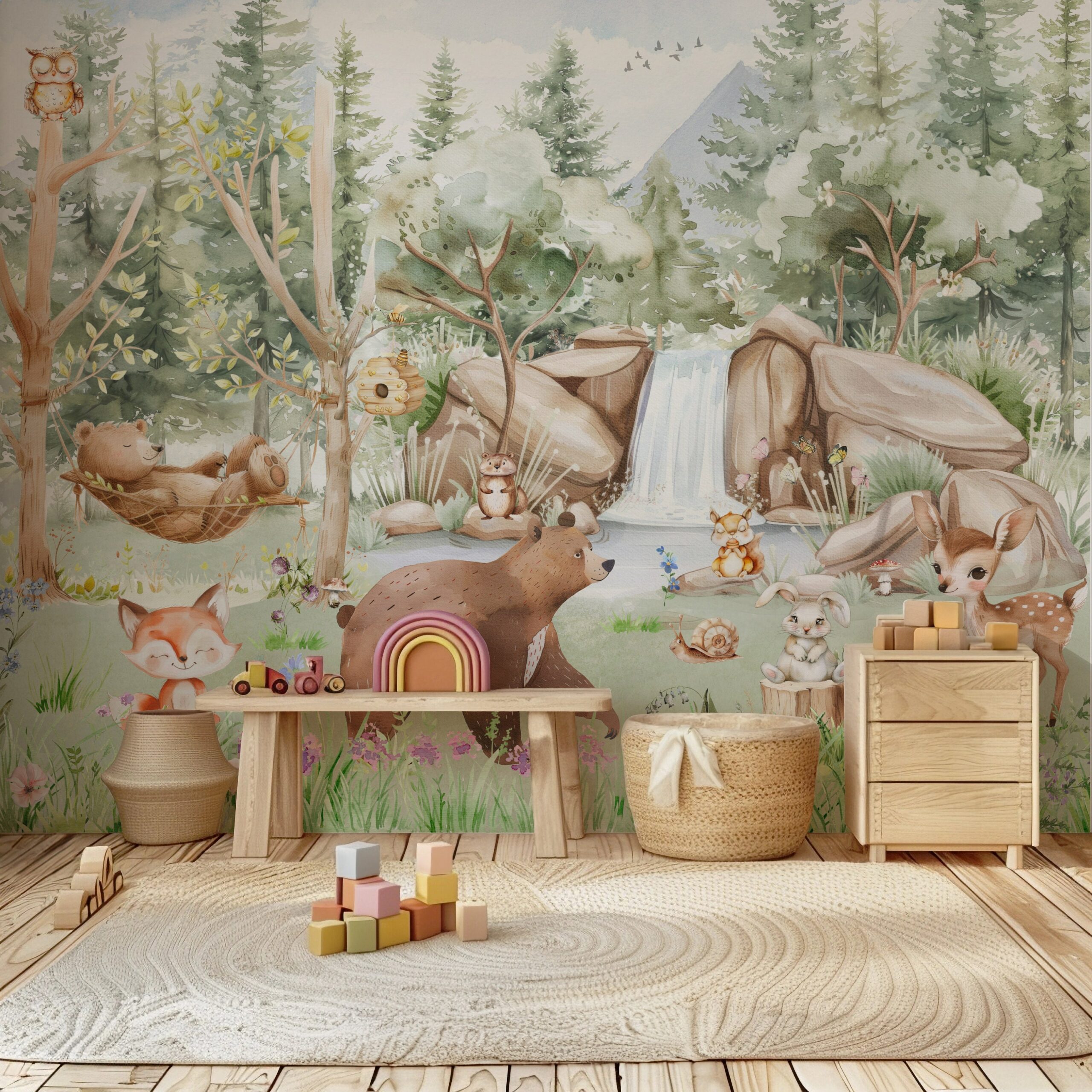 Forest Animals Nursery Wallpaper Woodland Wall Art Watercolor Trees Wild Animals Peel and Stick Kids Room Decor custom-made wallpaper