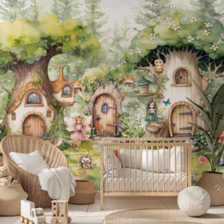 Magical Fairy Wall Mural - Whimsical Forest Fairy Wallpaper Nursery Woodland Watercolor Trees Wild Animals Peel and Stick Girls Room Decor