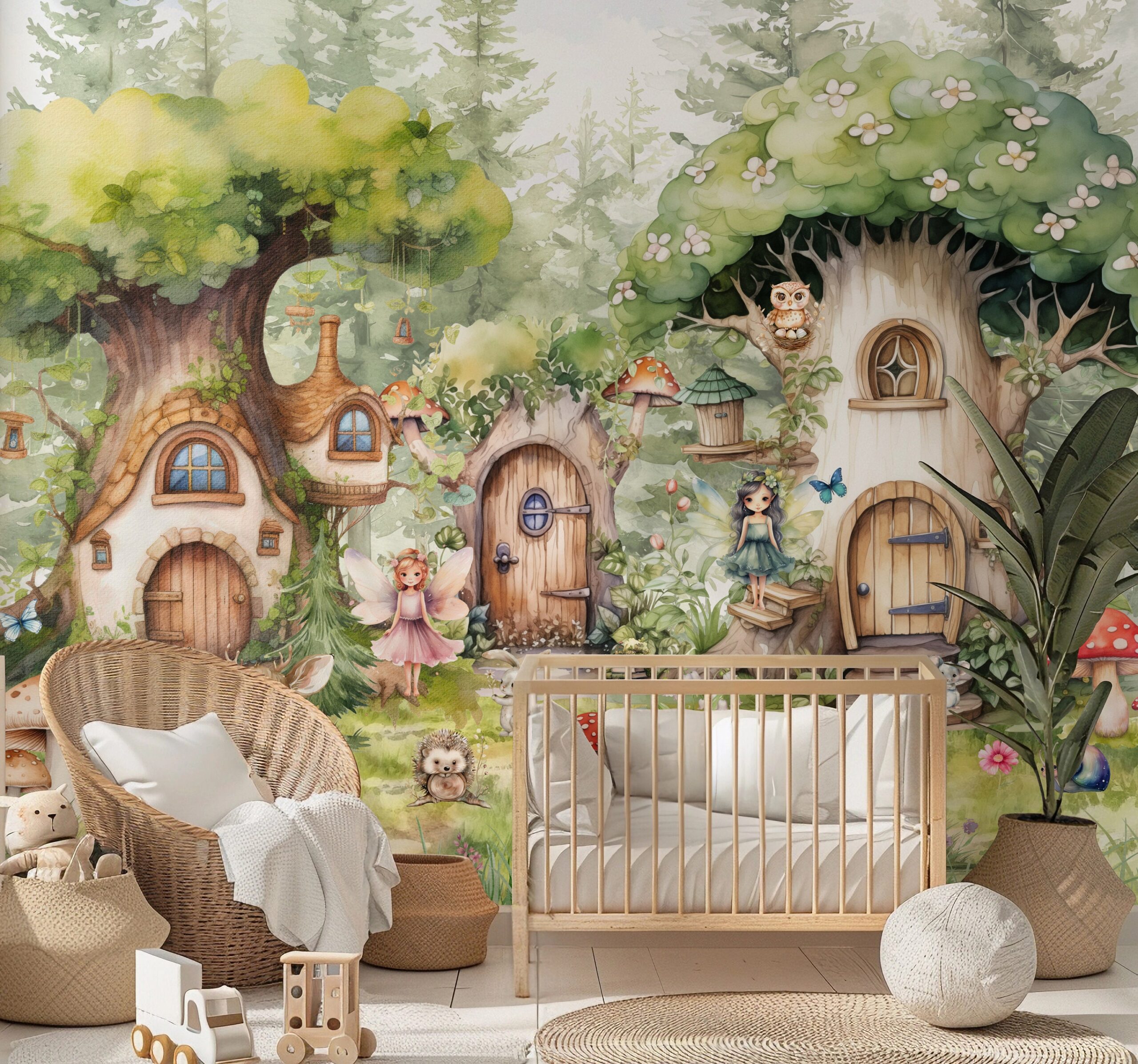 Magical Fairy Wall Mural - Whimsical Forest Fairy Wallpaper Nursery Woodland Watercolor Trees Wild Animals Peel and Stick Girls Room Decor