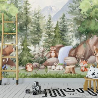 Forest Animals Nursery Wallpaper Woodland Wall Art Watercolor Trees Wild Animals Peel and Stick Kids Room Decor custom-made wallpaper