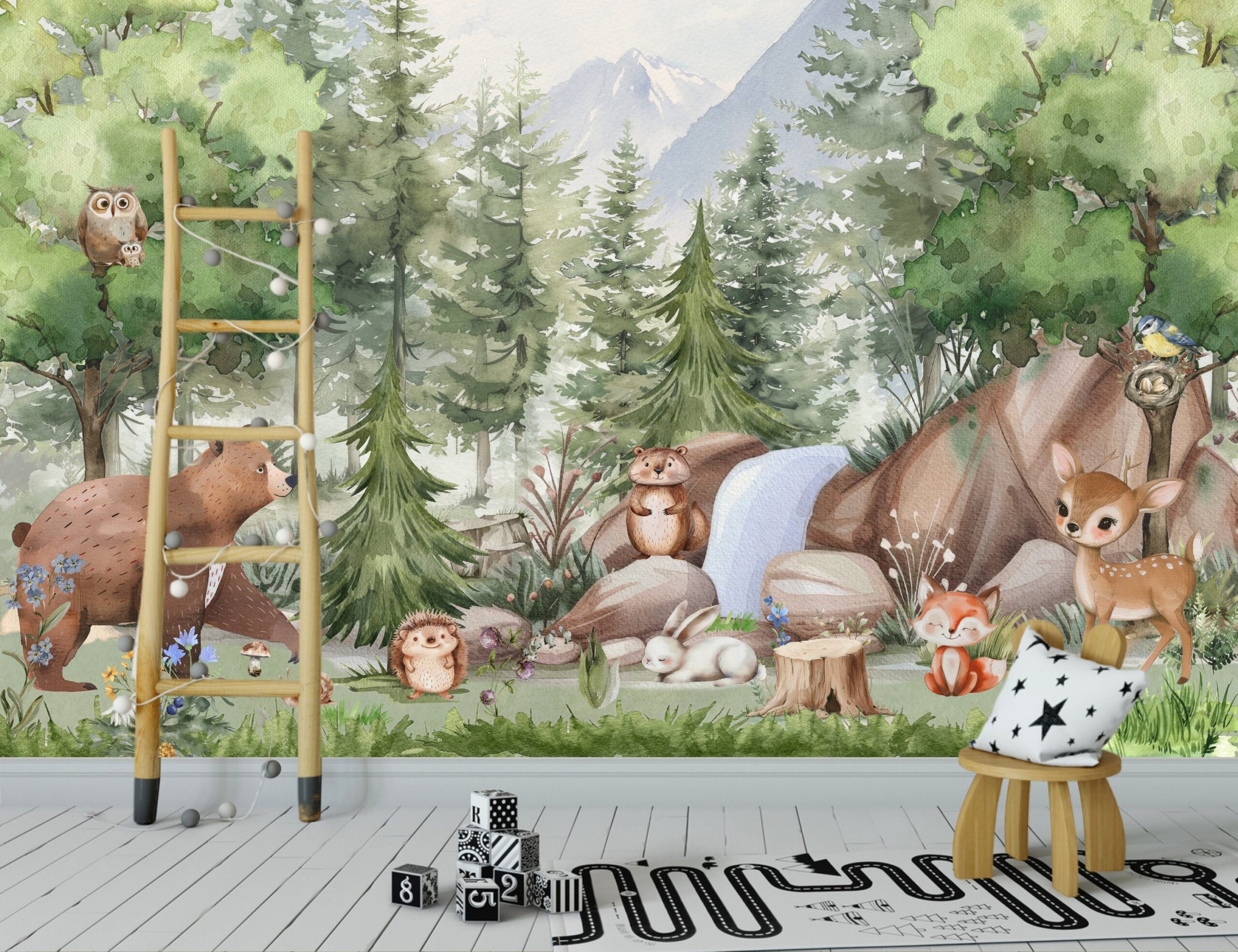 Forest Animals Nursery Wallpaper Woodland Wall Art Watercolor Trees Wild Animals Peel and Stick Kids Room Decor custom-made wallpaper