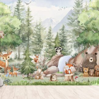 Watercolor Forest Animals Wallpaper Mural - Peel and Stick Kids Room Decor