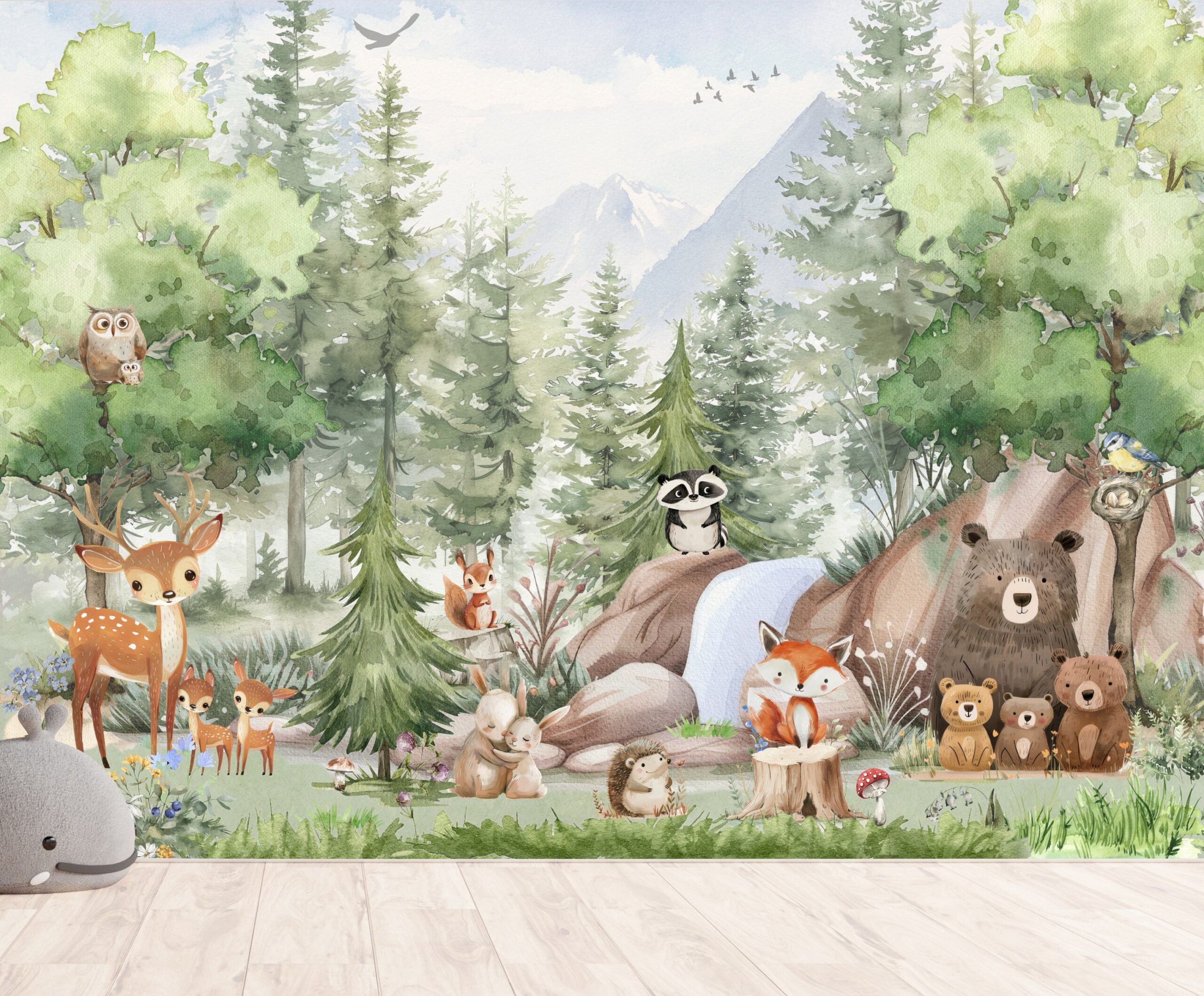 Watercolor Forest Animals Wallpaper Mural - Peel and Stick Kids Room Decor