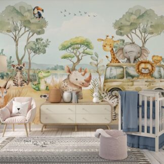 Watercolor Safari Animals Wallpaper Mural, Kids Nursery Decor, Peel and Stick
