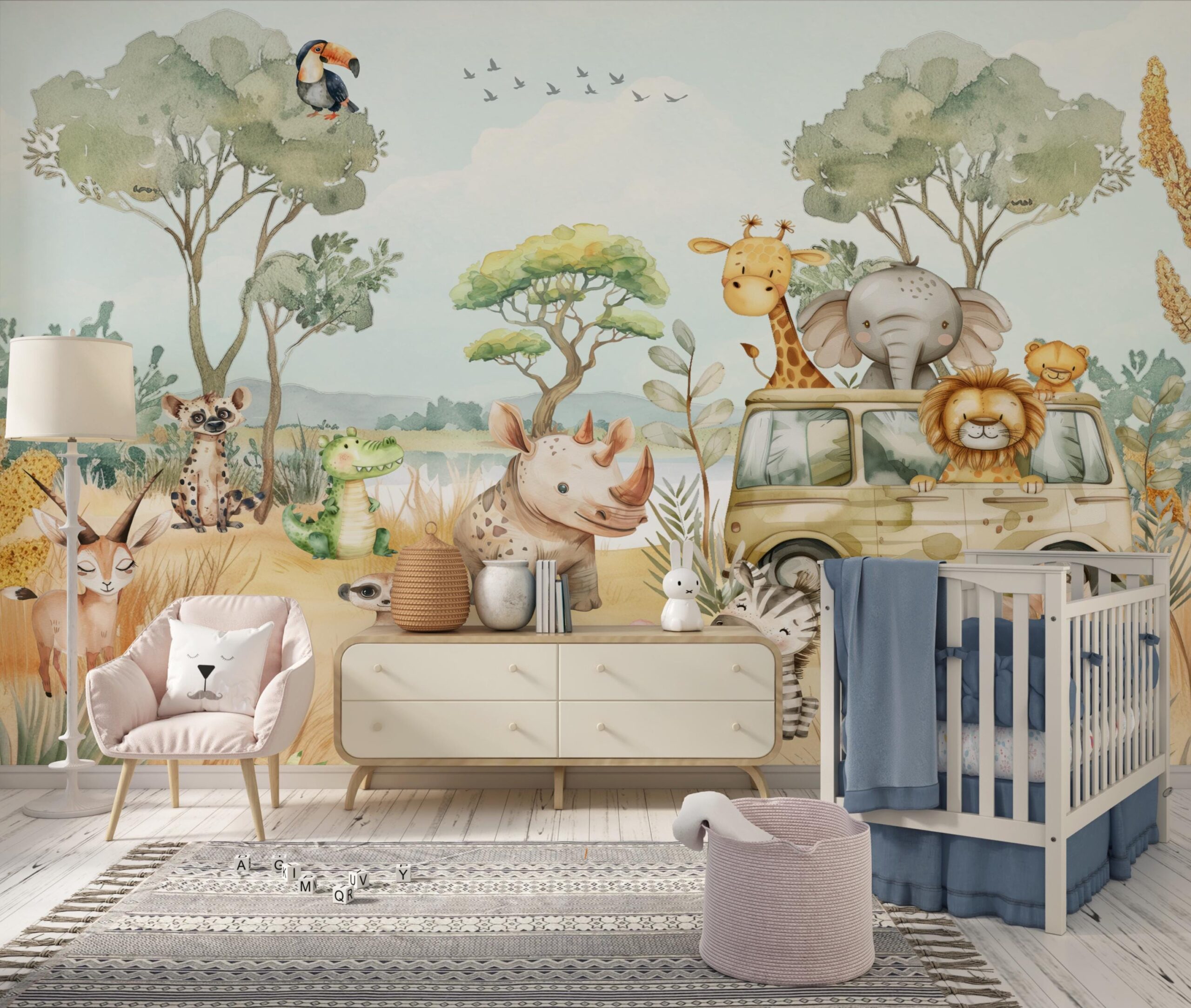 Watercolor Safari Animals Wallpaper Mural, Kids Nursery Decor, Peel and Stick