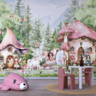 Wall Mural Magical Fairy house Whimsical Forest Wallpaper Fairytale Girls Nursery Woodland Watercolor Trees Animals Peel and Stick Einhorn