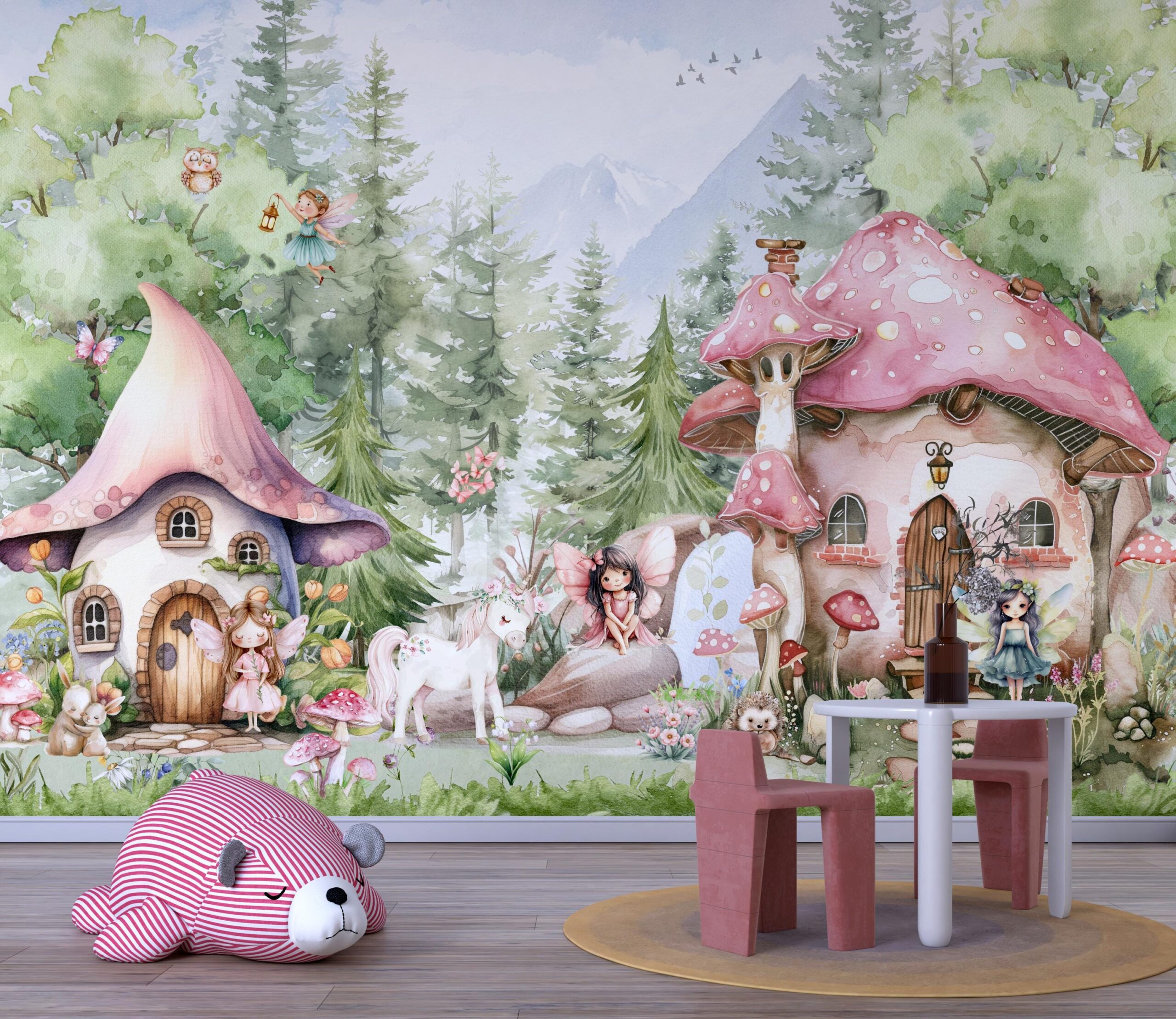Wall Mural Magical Fairy house Whimsical Forest Wallpaper Fairytale Girls Nursery Woodland Watercolor Trees Animals Peel and Stick Einhorn