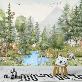 Woodland Animals Wallpaper - Peel and Stick Nursery Mural | Forest Trees, Kids Wall Decor Watercolor custom made