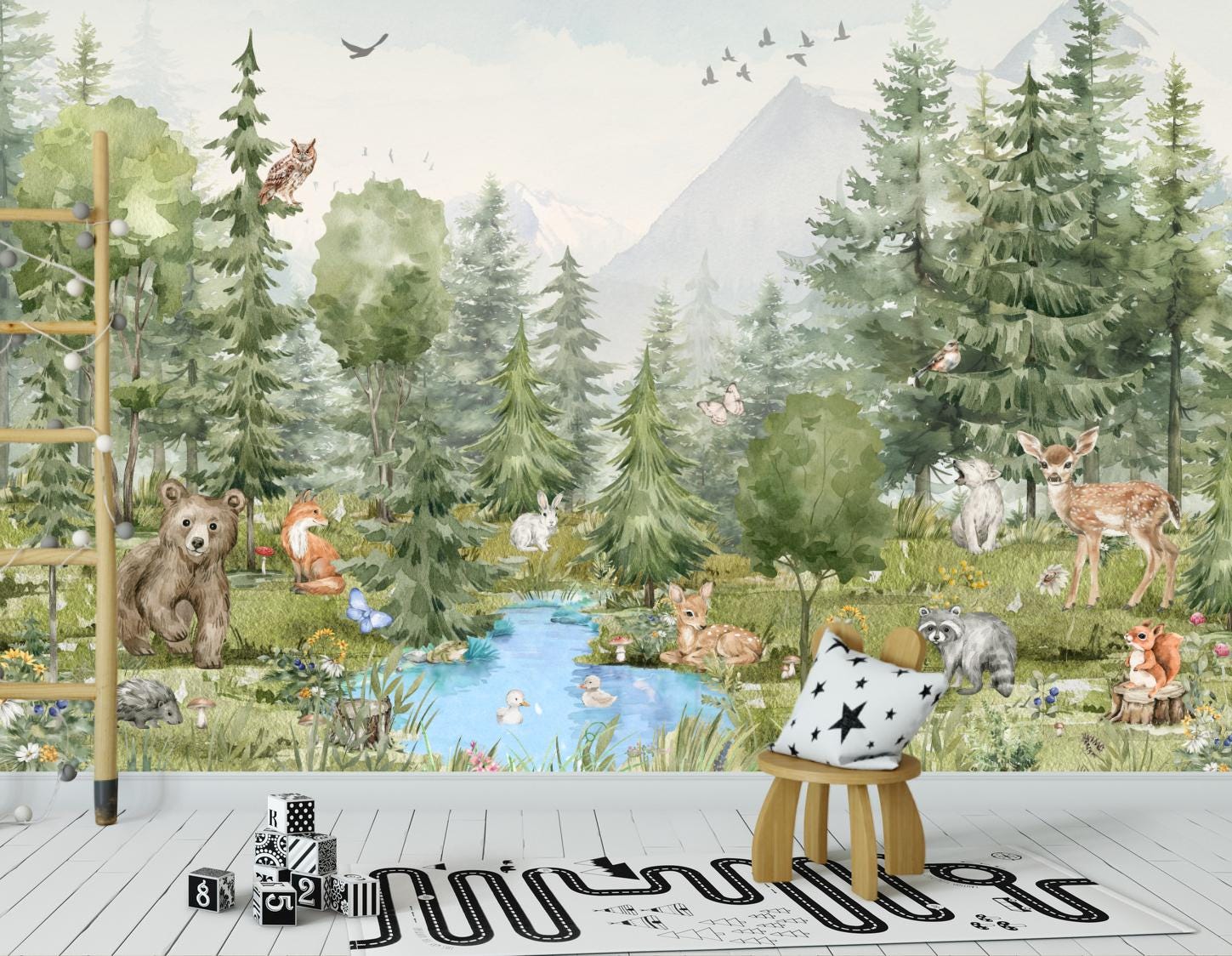Woodland Animals Wallpaper - Peel and Stick Nursery Mural | Forest Trees, Kids Wall Decor Watercolor custom made