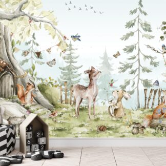 Wallpaper animals Woodland Trees, Peel and Stick, Kids Wall Mural Self Adhesive, Decor Forest DecalWall Child Room Forest Wallpaper