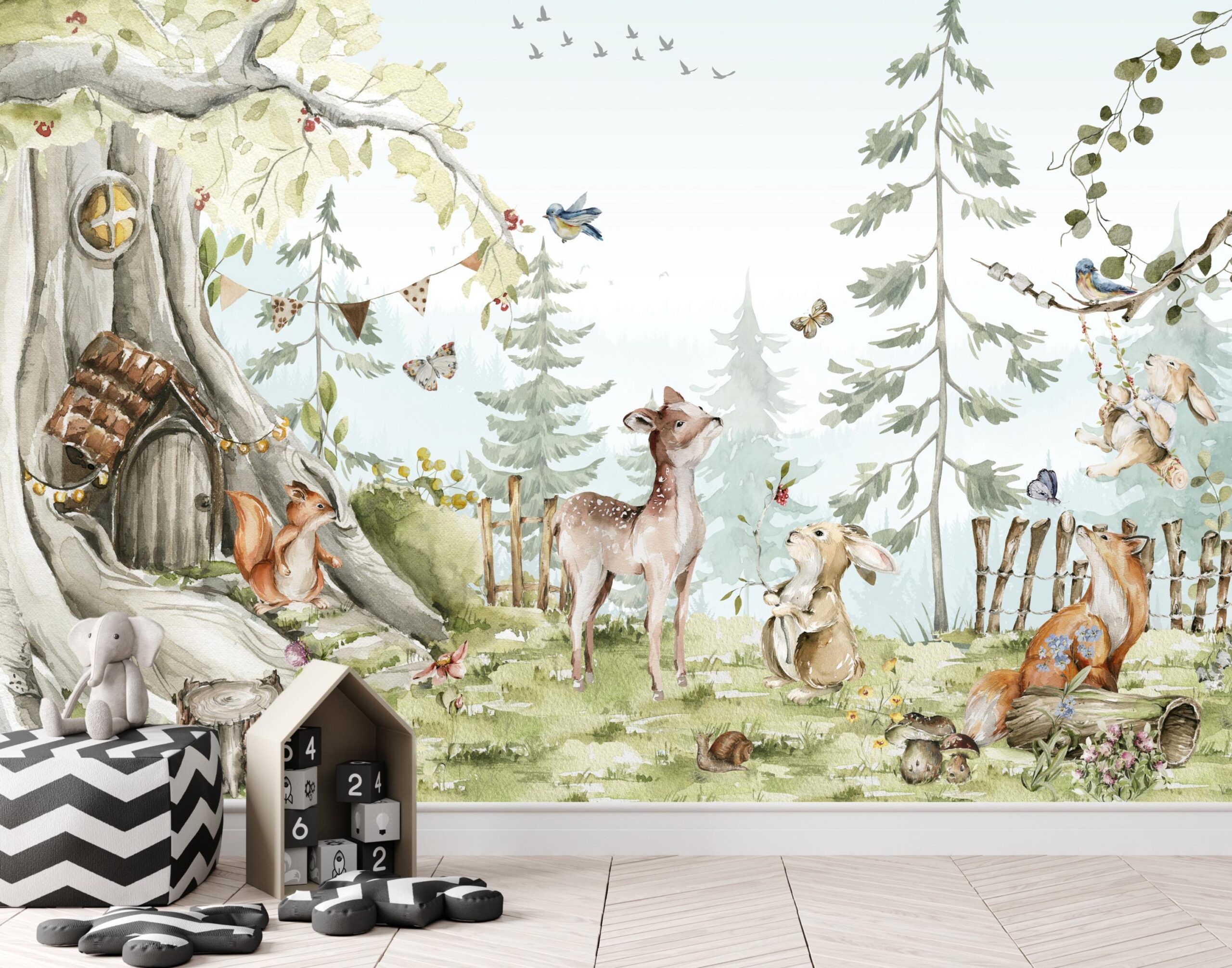 Wallpaper animals Woodland Trees, Peel and Stick, Kids Wall Mural Self Adhesive, Decor Forest DecalWall Child Room Forest Wallpaper