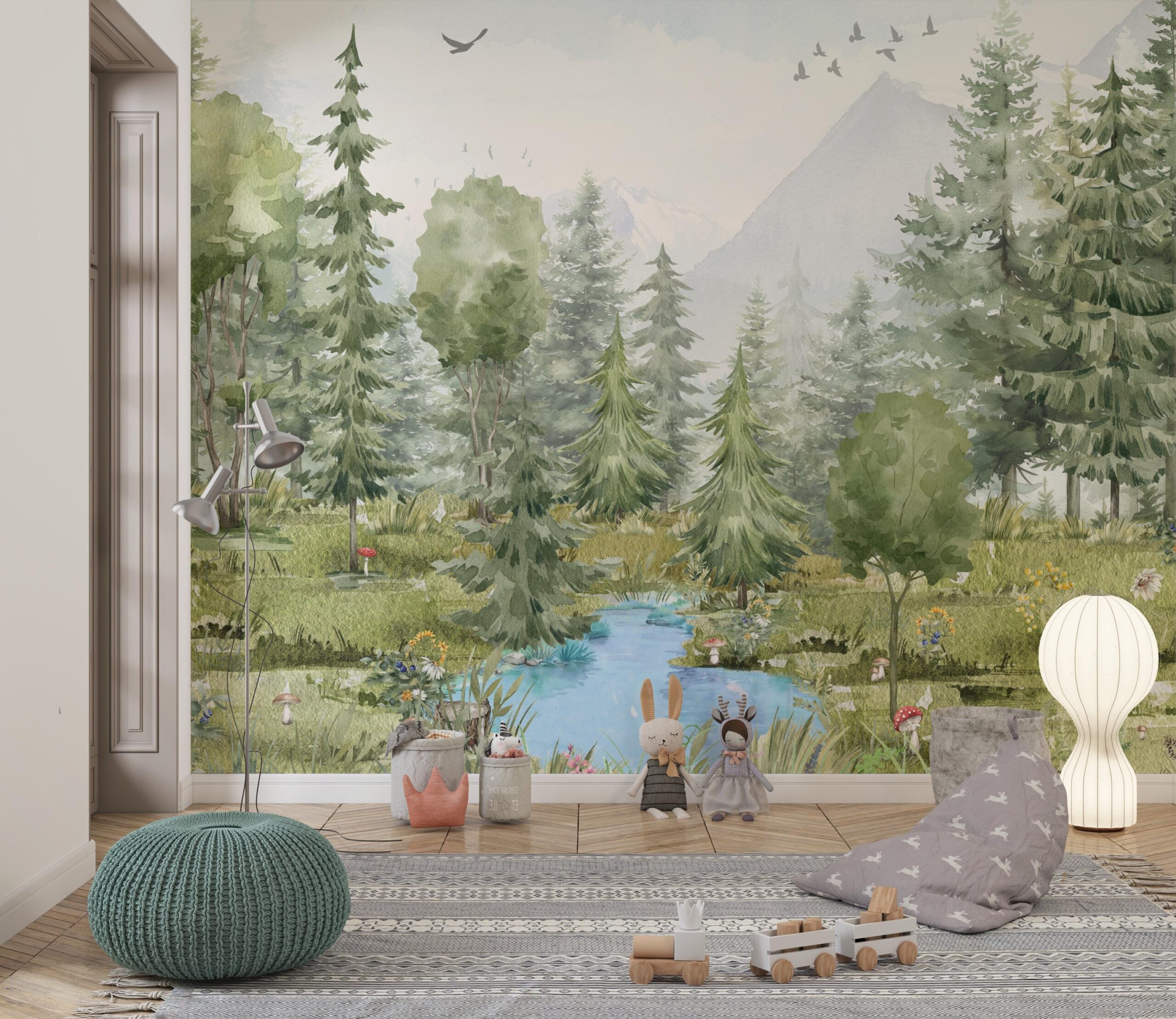 Wallpaper Mountain Trees, Peel and Stick Kids Wall Mural Self Adhesive Lake in the Forest Decor Forest DecalWall Child Room Forest Woodland