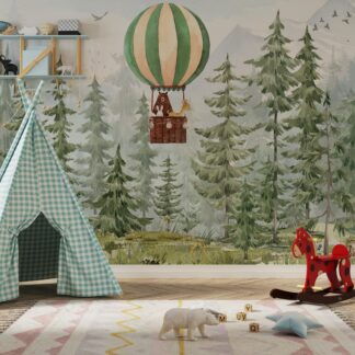 Photo wallpaper Children's wallpaper Forest animals nursery Forest Photo wallpaper Pine children's room Hot air balloon Peel and stick