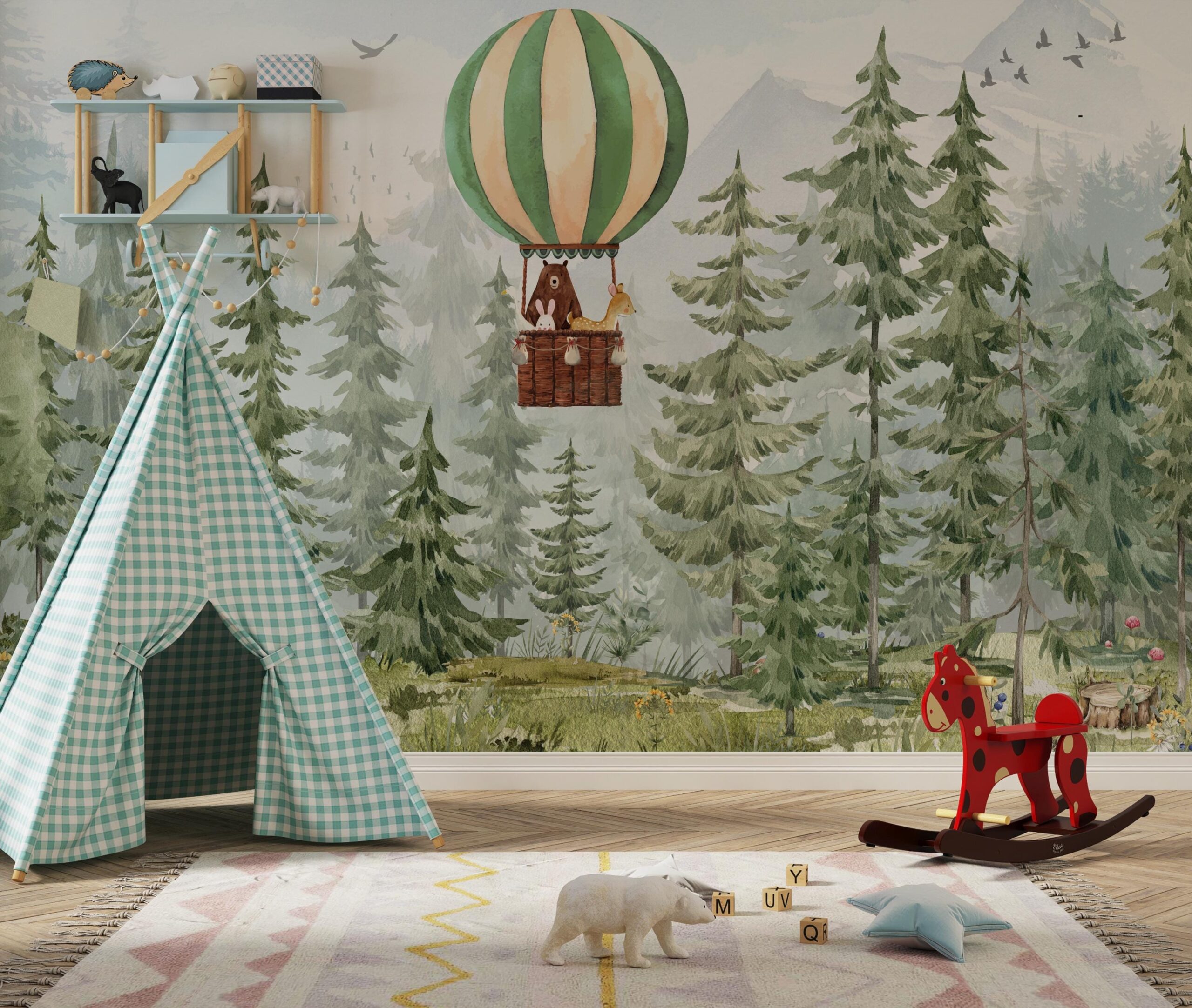Photo wallpaper Children's wallpaper Forest animals nursery Forest Photo wallpaper Pine children's room Hot air balloon Peel and stick