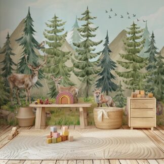 Wallpaper animals Woodland Trees, Peel and Stick, Kids Wall Mural Self Adhesive, Decor Forest DecalWall Child Room Forest Wallpaper
