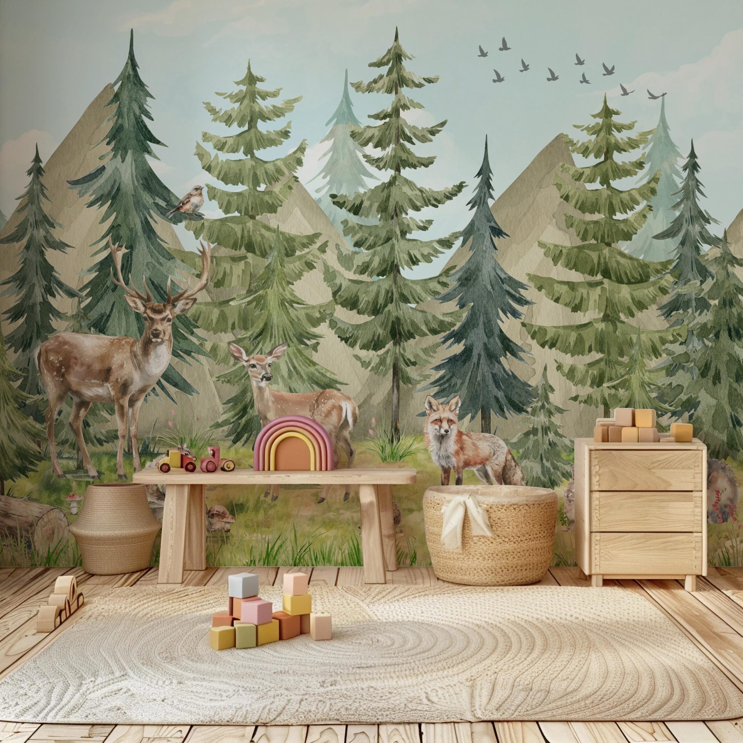 Wallpaper animals Woodland Trees, Peel and Stick, Kids Wall Mural Self Adhesive, Decor Forest DecalWall Child Room Forest Wallpaper