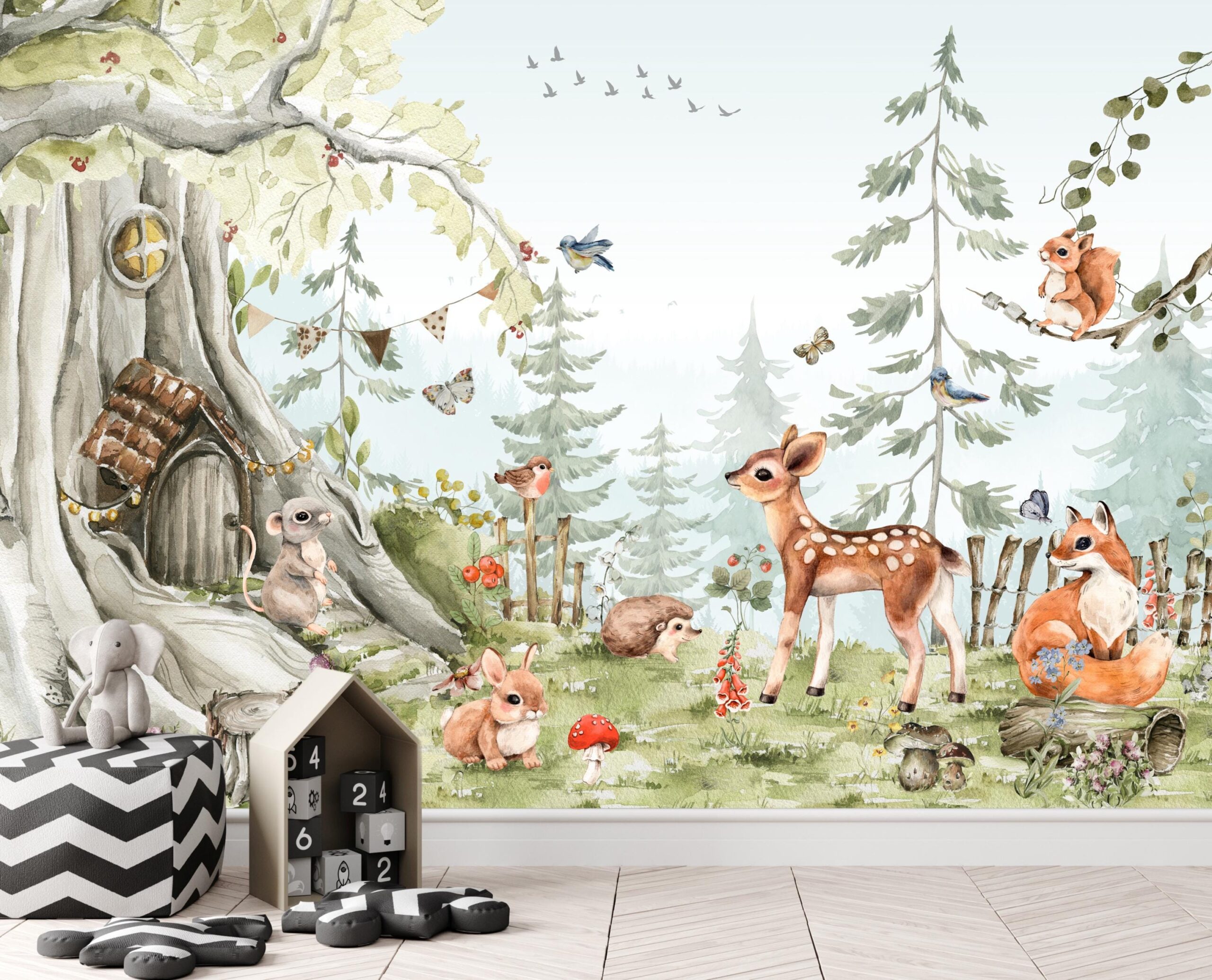 Wallpaper animals Woodland Trees, Peel and Stick, Kids Wall Mural Self Adhesive, Decor Forest DecalWall Child Room Forest Wallpaper
