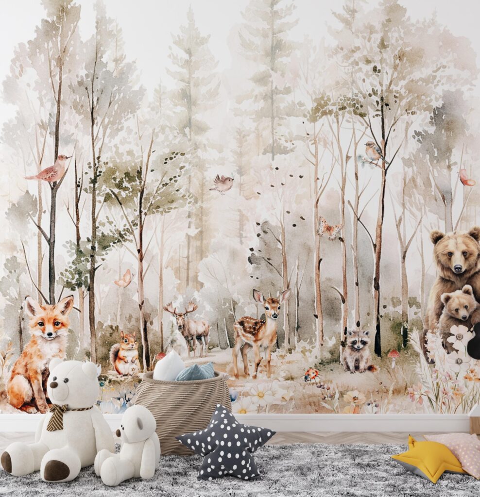 Wallpaper animals Woodland Trees, Peel and Stick, Kids Wall Mural Self Adhesive, Nursery Mountain Decor Forest DecalWall Forest Wallpaper