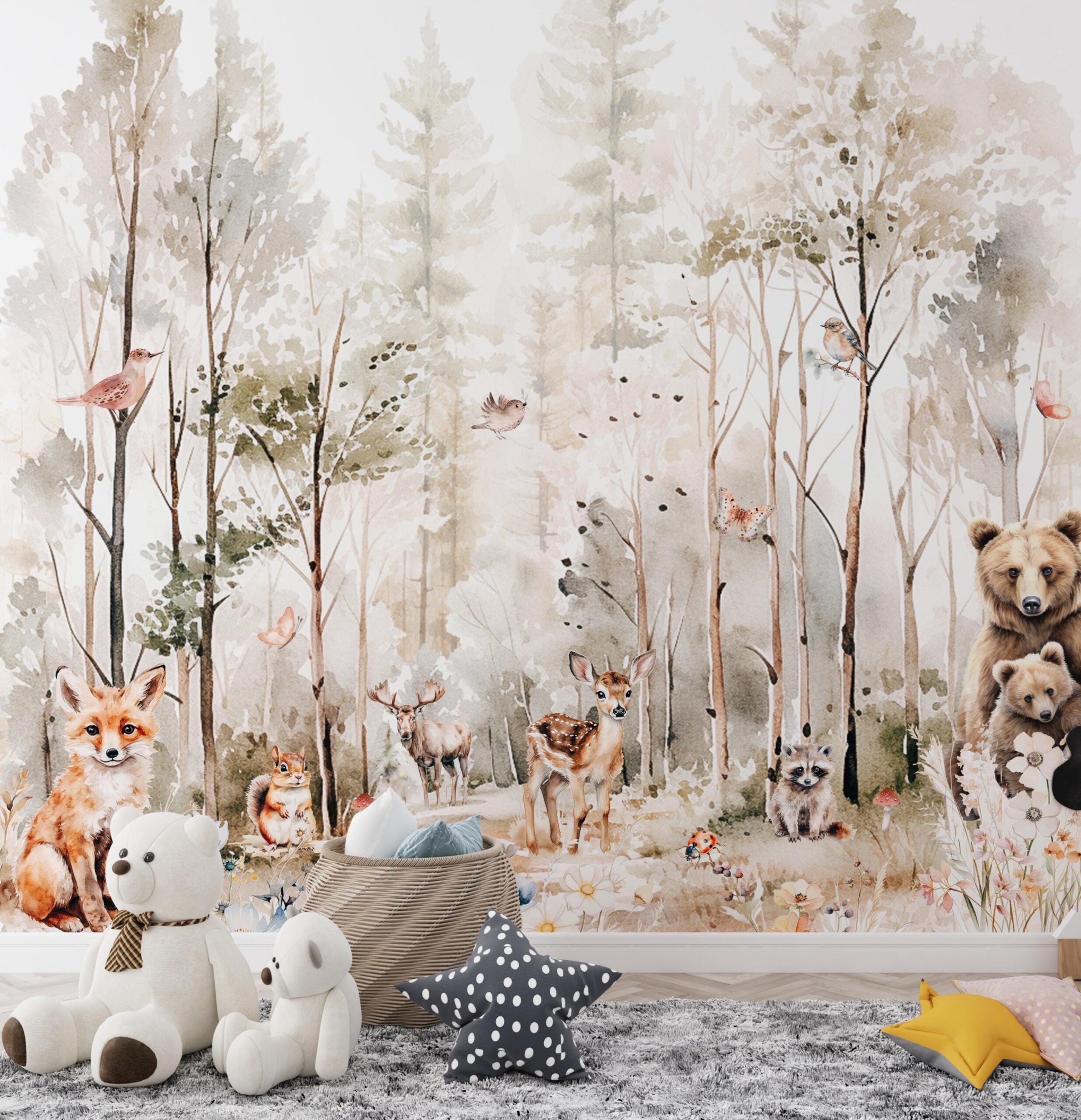 Wallpaper animals Woodland Trees, Peel and Stick, Kids Wall Mural Self Adhesive, Nursery Mountain Decor Forest DecalWall Forest Wallpaper