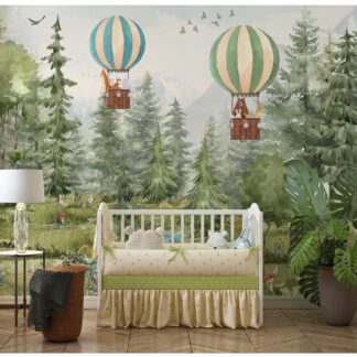 Woodland Animals Wallpaper, Mountain Nursery Mural with Hot Air Balloons