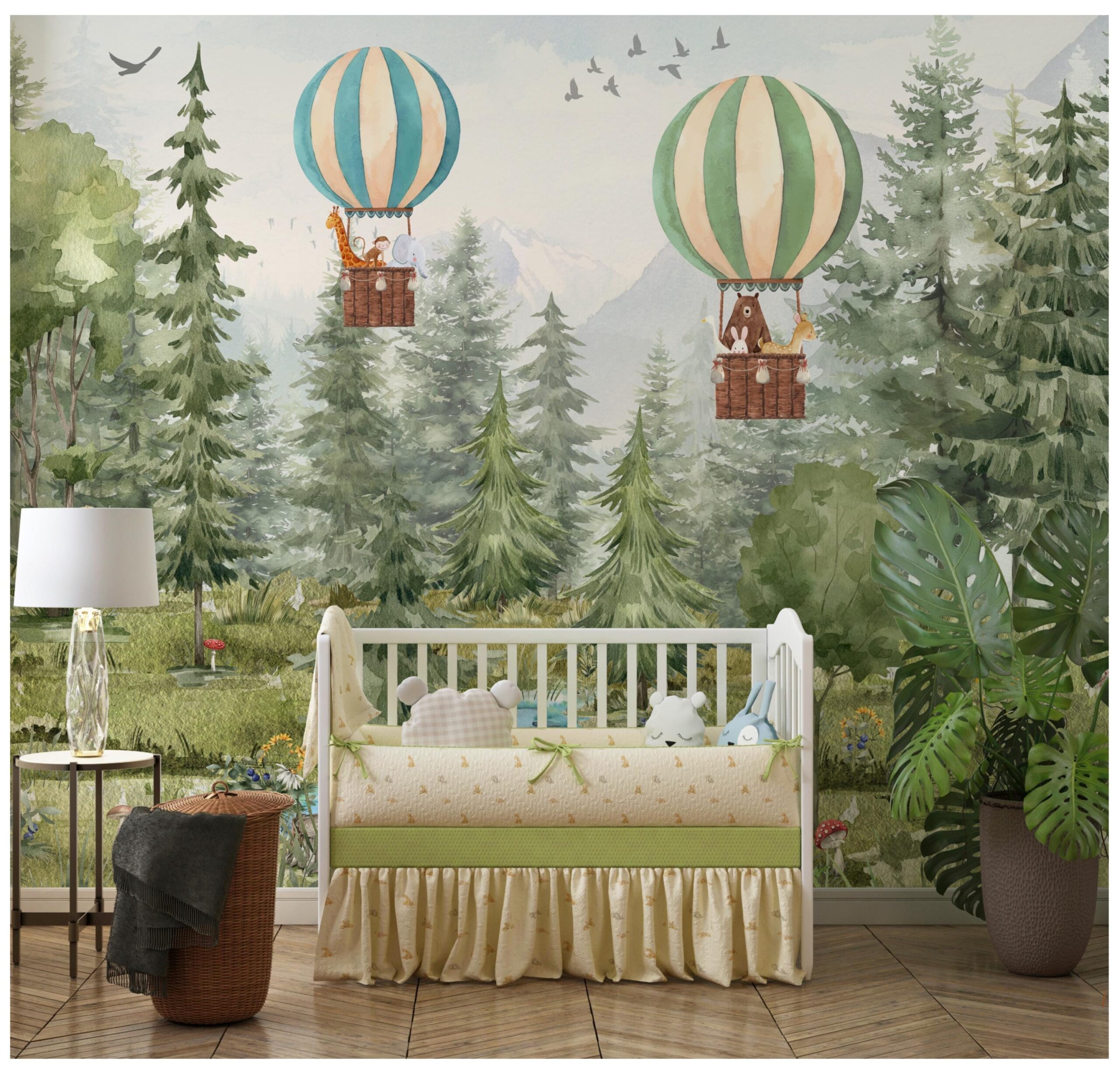 Woodland Animals Wallpaper, Mountain Nursery Mural with Hot Air Balloons