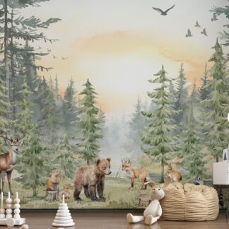 Forest Animals Nursery Wallpaper Woodland Wall Art Watercolor Pine Trees Wild Animals Peel and Stick Kids Room Decor custom-made wallpaper