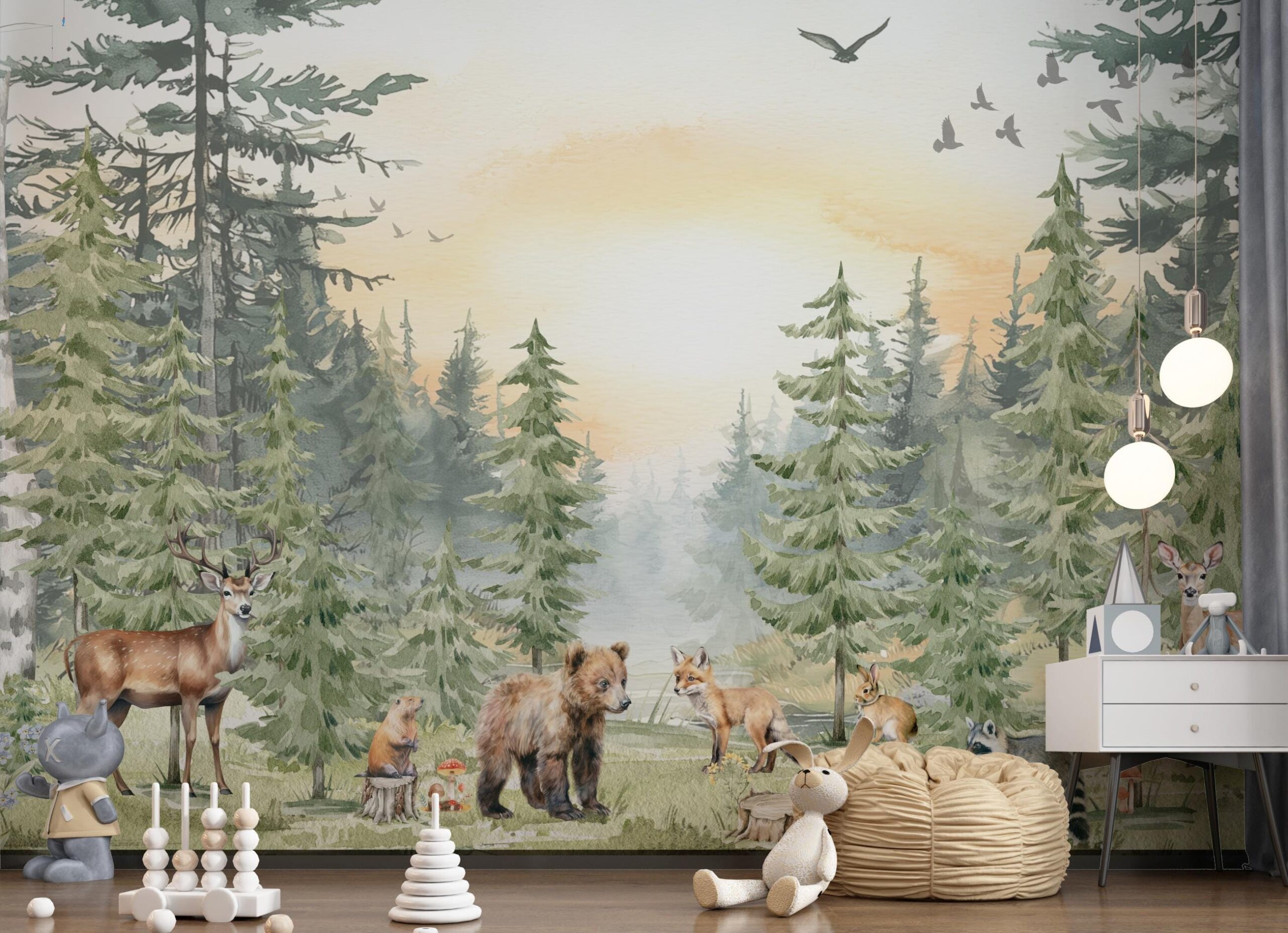 Forest Animals Nursery Wallpaper Woodland Wall Art Watercolor Pine Trees Wild Animals Peel and Stick Kids Room Decor custom-made wallpaper