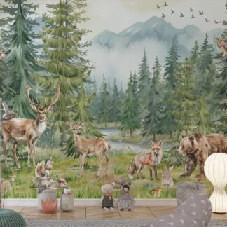 Forest Animals Nursery Wallpaper Woodland Wall Art Watercolor Pine Trees Wild Animals Peel and Stick Kids Room Decor custom-made wallpaper