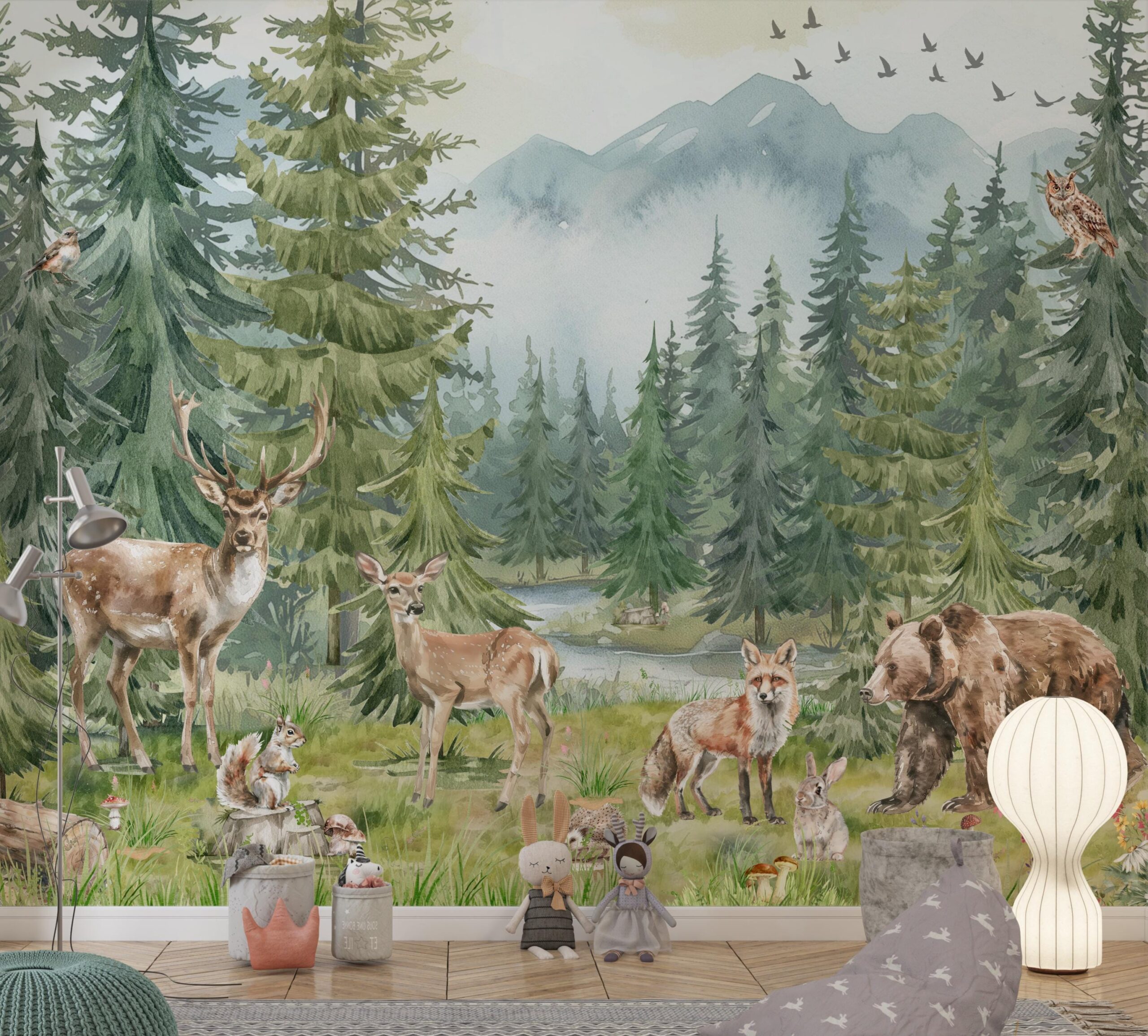 Forest Animals Nursery Wallpaper Woodland Wall Art Watercolor Pine Trees Wild Animals Peel and Stick Kids Room Decor custom-made wallpaper