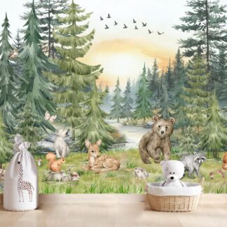 Forest Animals Nursery Wallpaper Woodland Wall Art Watercolor Pine Trees Wild Animals Peel and Stick Kids Room Decor custom-made wallpaper