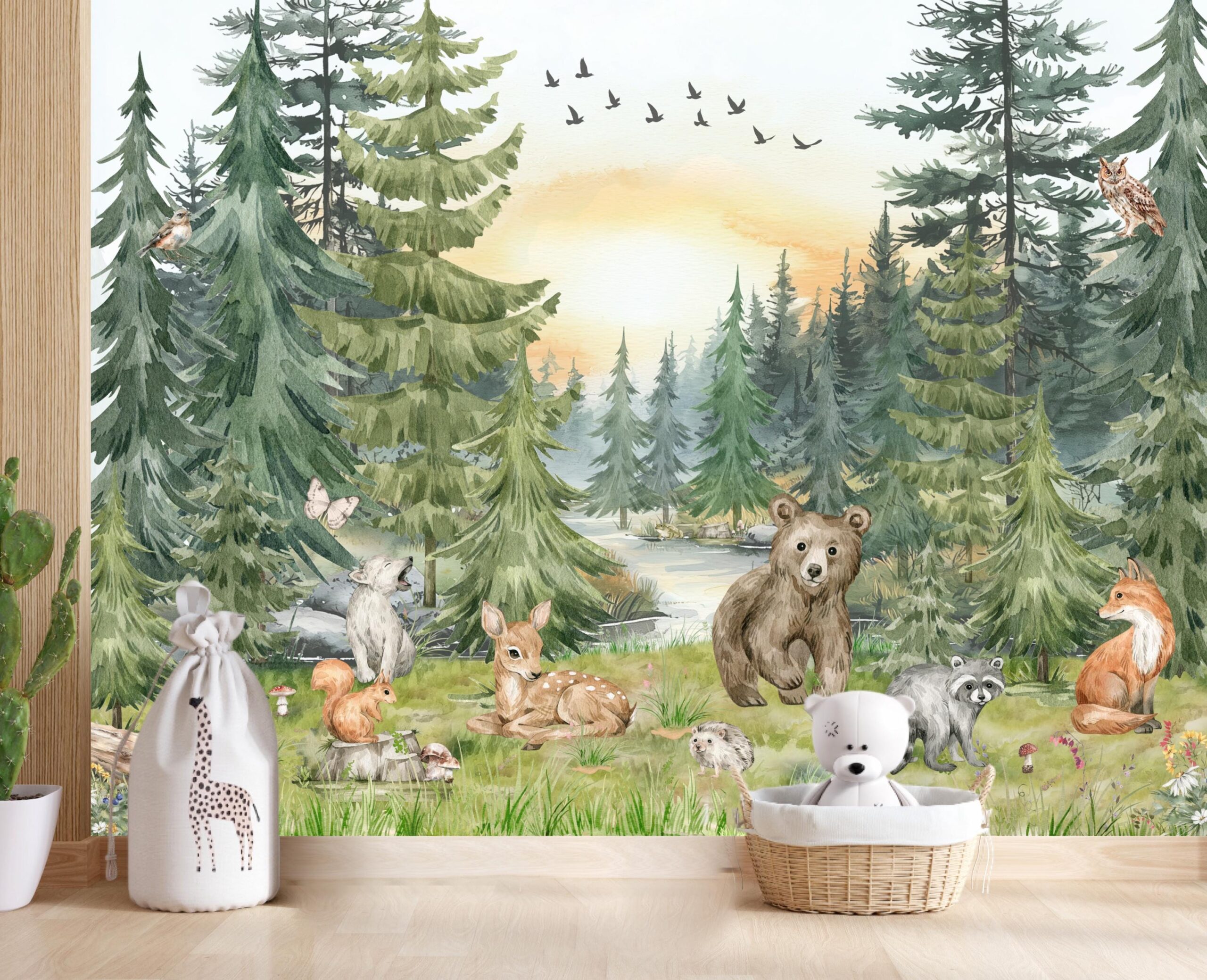 Forest Animals Nursery Wallpaper Woodland Wall Art Watercolor Pine Trees Wild Animals Peel and Stick Kids Room Decor custom-made wallpaper