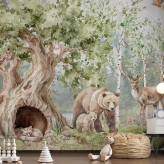 Forest Animals Nursery Wallpaper Woodland Wall Art Watercolor Pine Trees Wild Animals Peel and Stick Kids Room Decor custom-made wallpaper