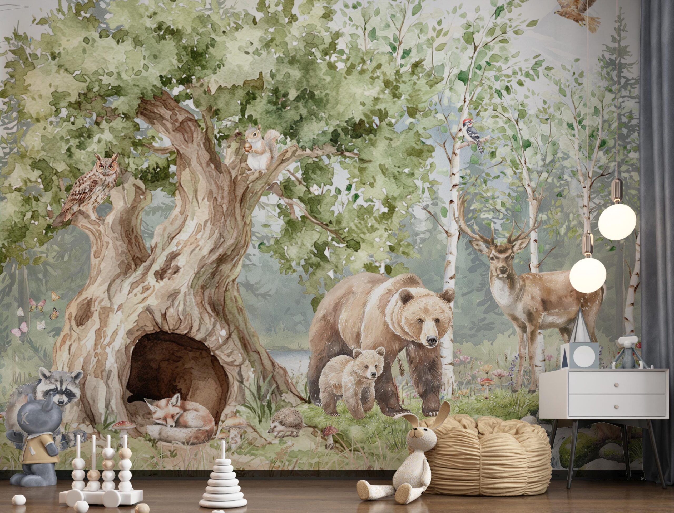 Forest Animals Nursery Wallpaper Woodland Wall Art Watercolor Pine Trees Wild Animals Peel and Stick Kids Room Decor custom-made wallpaper