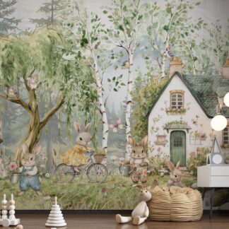 Forest bunnies hares Nursery Wallpaper Wall Art Watercolor Pine Tree Animals Peel and Stick Kids Room Decor rabbits hares in the meadow