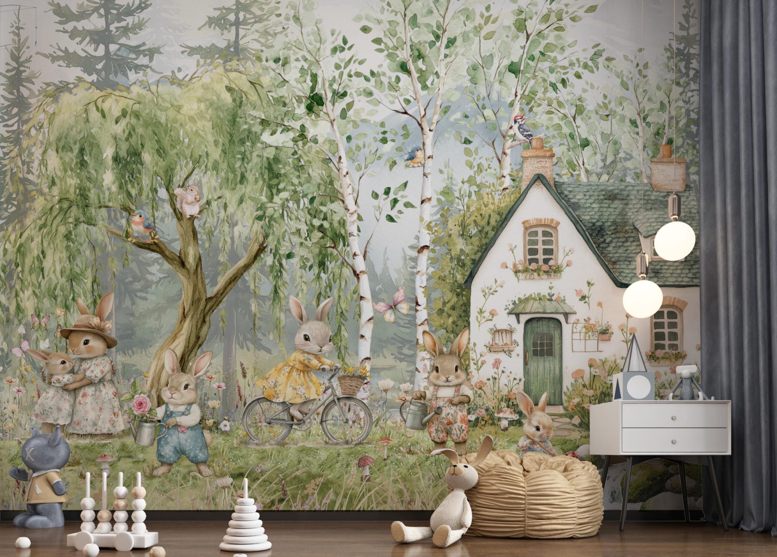 Forest bunnies hares Nursery Wallpaper Wall Art Watercolor Pine Tree Animals Peel and Stick Kids Room Decor rabbits hares in the meadow