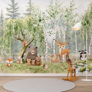 Forest Animals Nursery Wallpaper Woodland Wall Art Watercolor Pine Trees Wild Animals Peel and Stick Kids Room Decor custom-made wallpaper