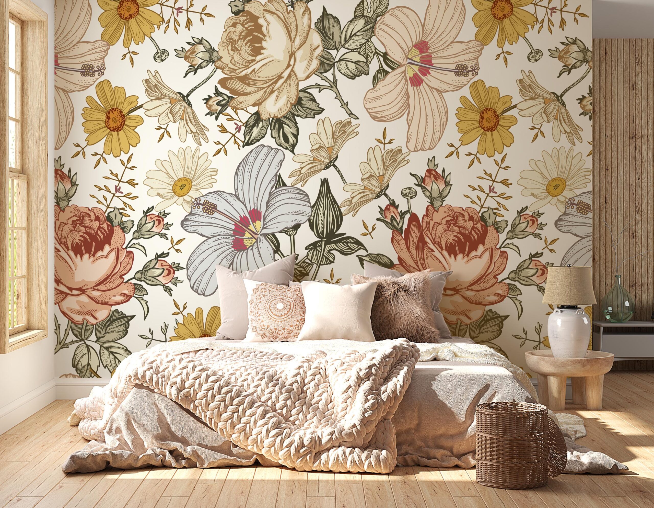 Wildflower Wallpaper Wildflowers Chamomile Rose Hibiscus Beautifully Blooming Victorian Peel and Stick Vintage Custom Made