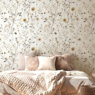 Wildflower Wallpaper, Floral Wildflowers in Watercolors Boho Meadow Wall Mural Pastel Peel and Stick Vintage Custom Made Wall Decoration