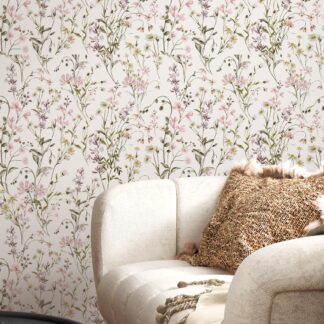 Wildflower Wallpaper, Floral Wild Flowers in watercolors Boho meadow wall mural Pastel Wall decor Peel and Stick vintage custom made
